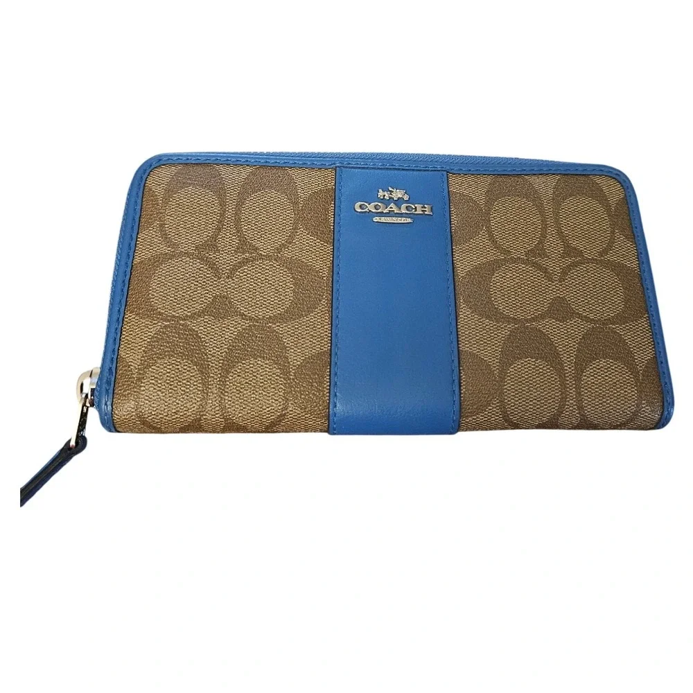 Coach Signature Canvas Varsity Stripe Accordion Zip Wallet Khaki Blue F54630
